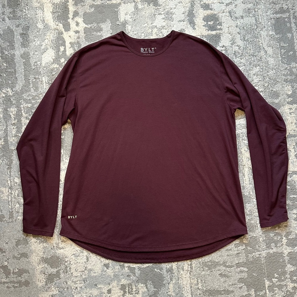 BYLT Premium Basics Drop Cut Long Sleeve‎ Shirt Maroon Burgundy XXL Curved Hem